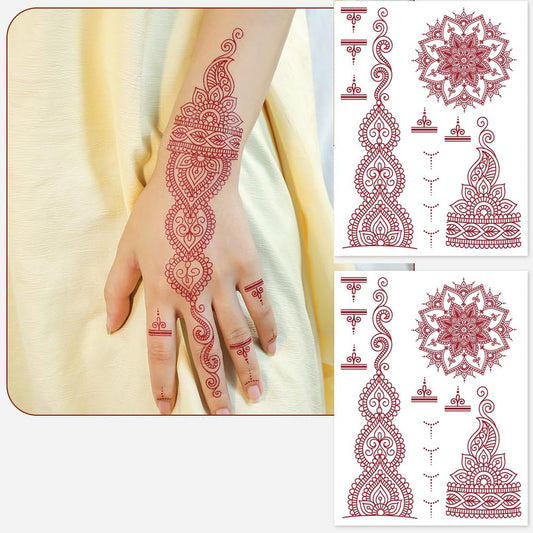 S.A.V.I 2 Sheets - Temporary Mehndi Tattoo Stickers for Hands (16x12 cm) | Red Henna Style | Waterproof, Non-Toxic | Mandala & Floral Design for Women & Girls | Festival & Bridal Use (#41)