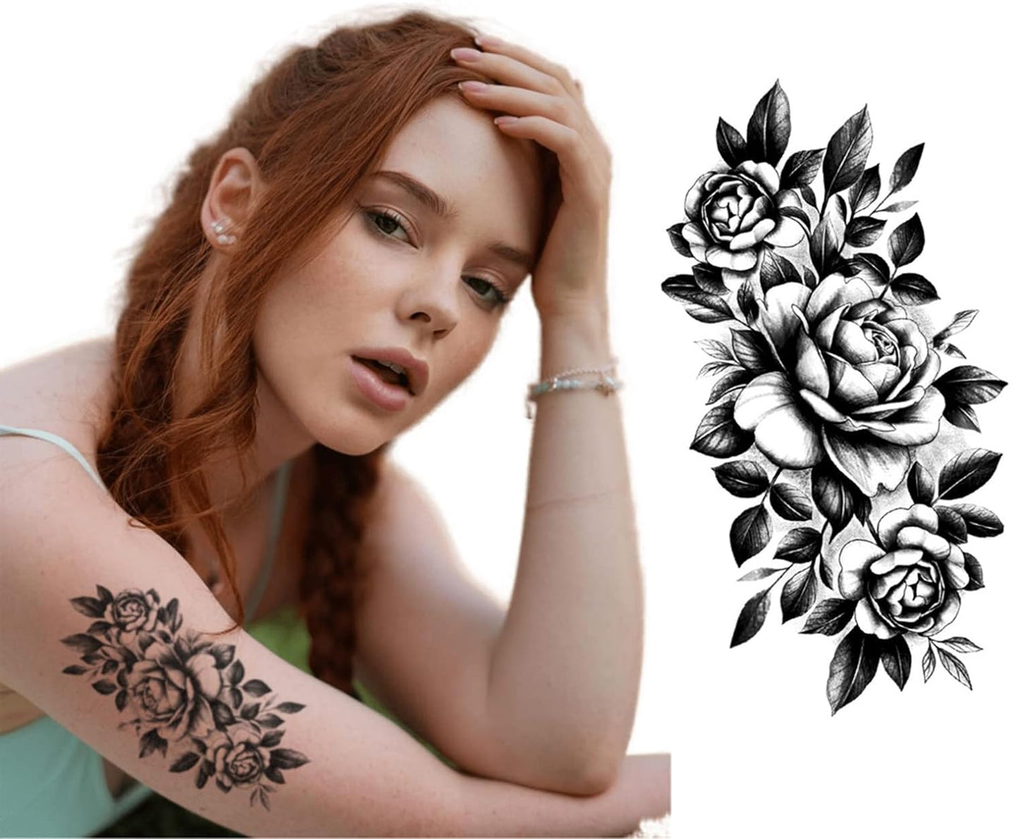 S.A.V.I Temporary Tattoo Stickers for Women, Rose Flowers, Leaves, Black Color Fake Tattoos For Girls, Size -21x10CM