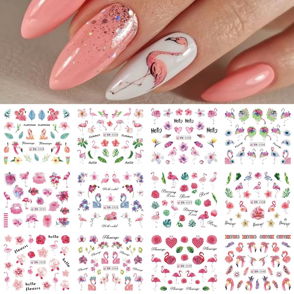 S.A.V.I 12 Sheets Nail Art Water Decals Stickers - Floral  Flamingo Designs, Easy Transfer, Long-Lasting, Perfect for DIY Nail Decorations, Manicure, Pedicure  Salon Use - Trendy Summer Collection