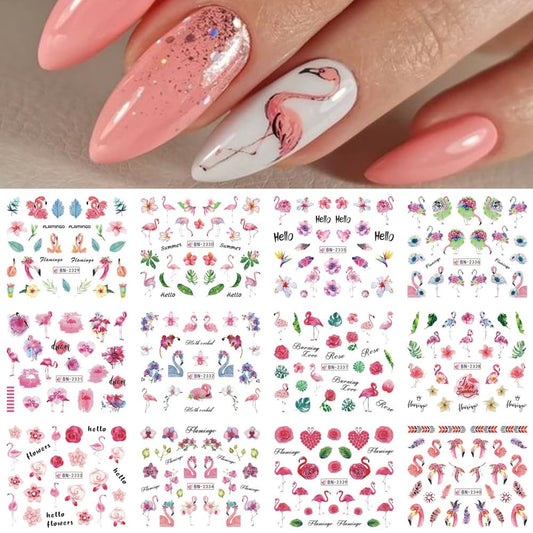 S.A.V.I 12 Sheets Nail Art Water Decals Stickers - Floral  Flamingo Designs, Easy Transfer, Long-Lasting, Perfect for DIY Nail Decorations, Manicure, Pedicure  Salon Use - Trendy Summer Collection