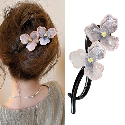 S.A.V.I Trending Pink Flower Hair Clip for Women & Girls | Elegant 12.7 cm Long Black Plastic Hairpin with Dual Resin Floral Design | Durable Grip Stylish Hair Accessory for Party, Wedding, Daily