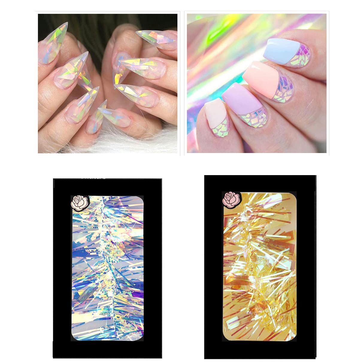 S.A.V.I Set of 2 Gold and Silver Aurora Holographic Glass Paper Sticker, Reflective Mirror Nail Decorations Accessories, Manicure DIY
