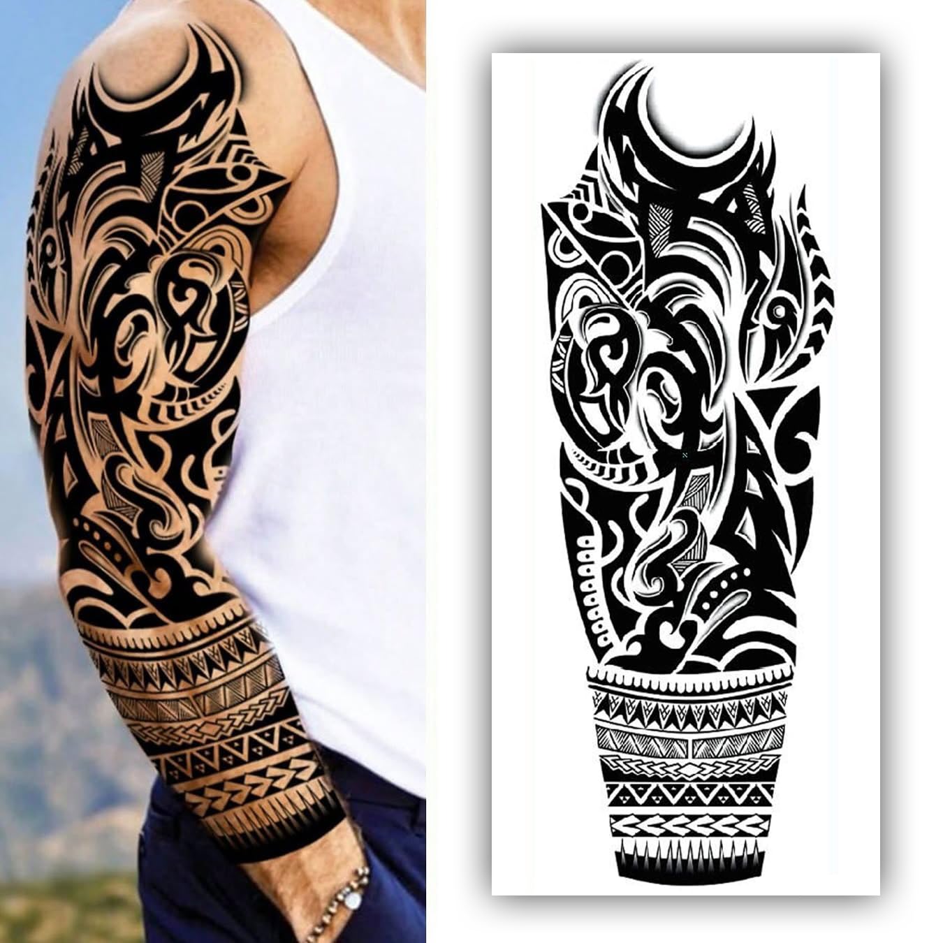 S.A.V.I Full Arm Temporary Tattoo for Men – 48x17cm Tribal Sleeve Design – Waterproof & Non-Toxic – Realistic Black Body Art Sticker – Easy to Apply & Remove – Party & Photoshoot Ready