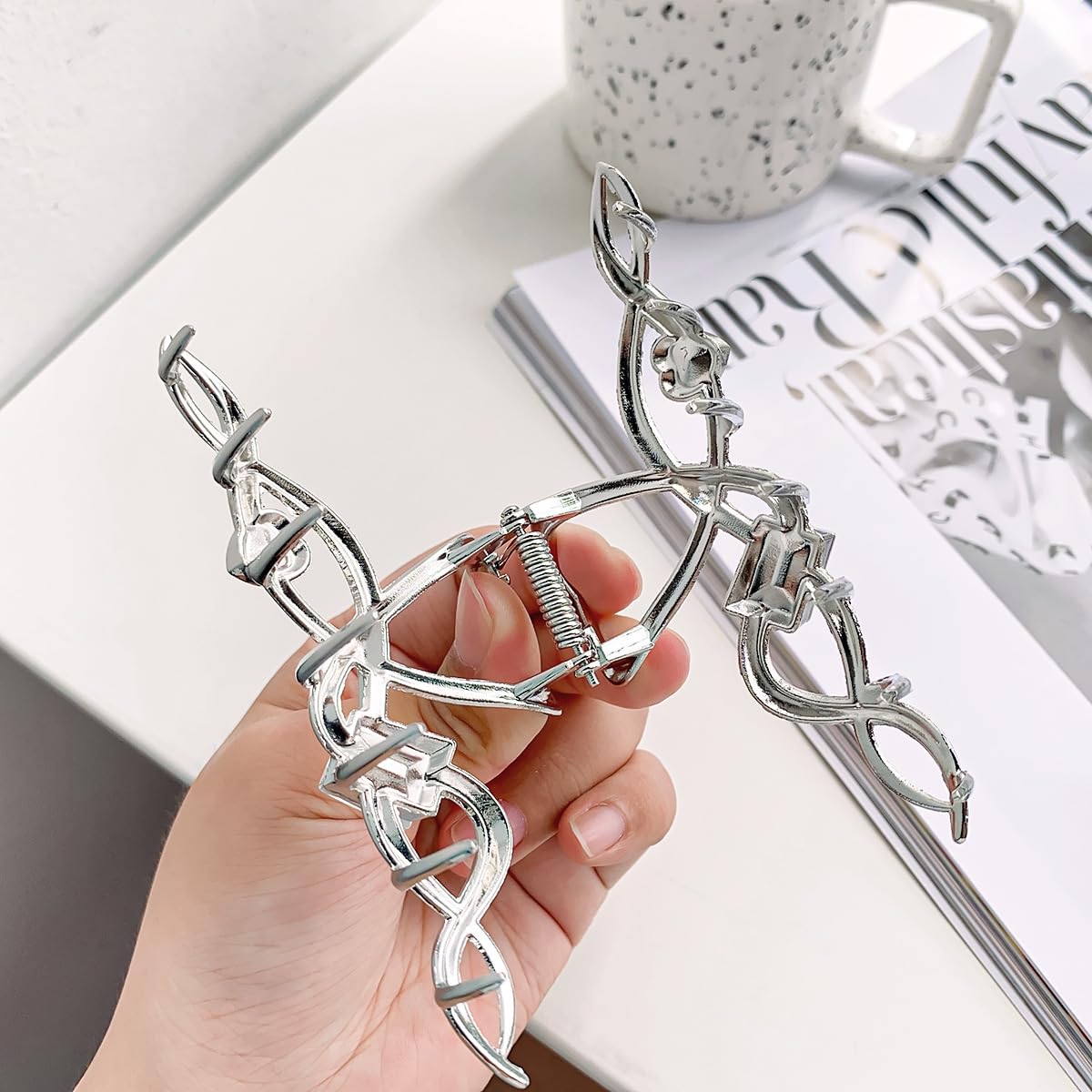 S.A.V.I Silver Metal Hair Claw Clip for Women & Girls | 11cm Big Hair Clutcher with Rhinestones | Stylish Butterfly Design | Strong Grip Hair Accessory for Thick Hair, Party & Daily