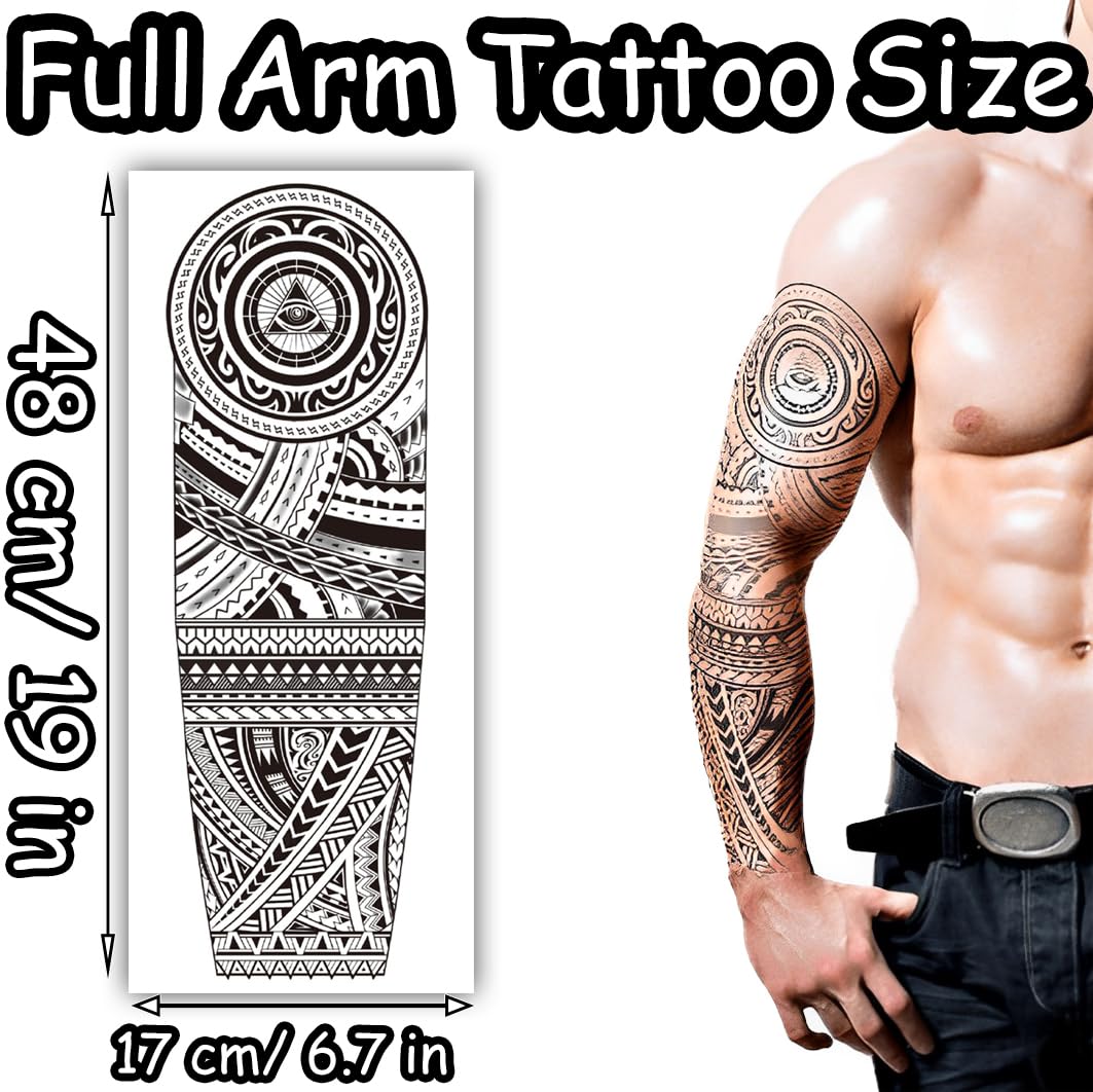 S.A.V.I Full Arm Temporary Tattoo Sleeve for Men – 48x17 cm Black Tribal Design with All-Seeing Eye – Waterproof, Non-Toxic, Easy to Apply & Remove – Long Lasting Body Art Sticker