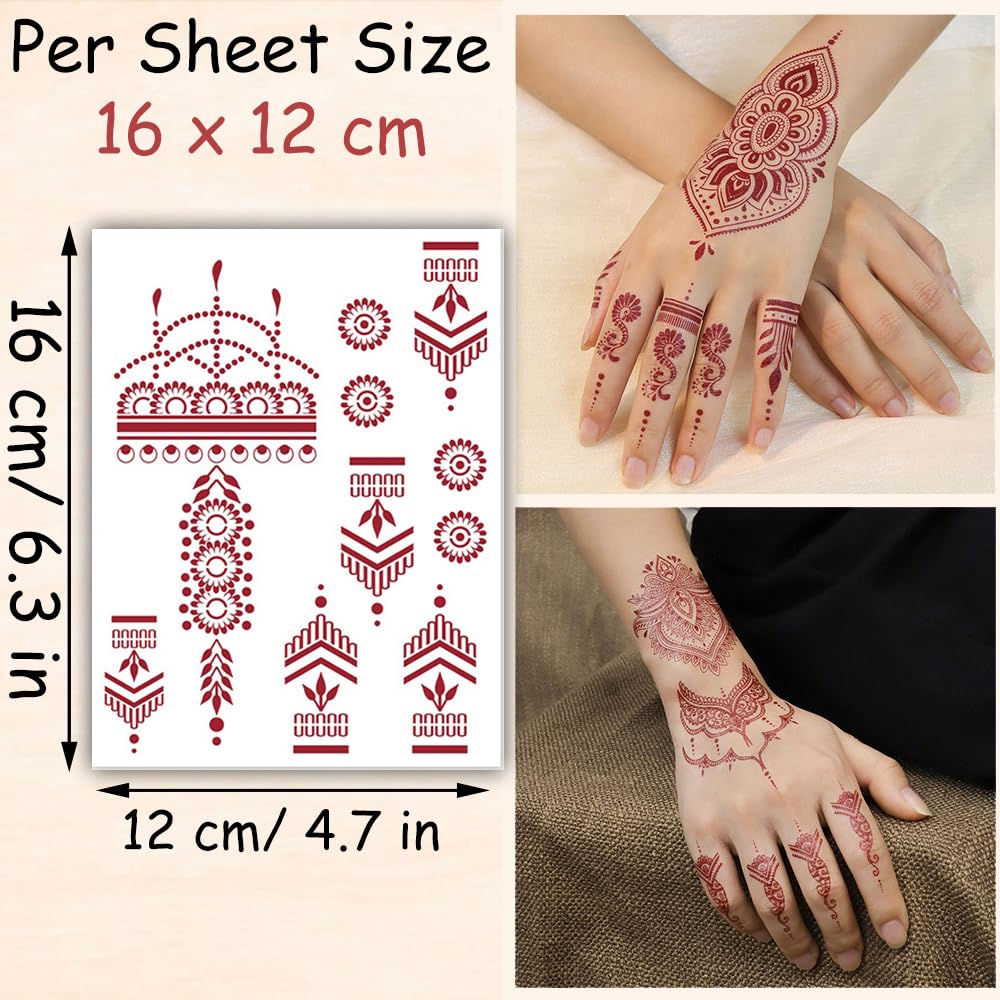 S.A.V.I 2 Sheets - Red Mehndi Style Temporary Tattoo Stickers for Women & Girls (16x12cm) | Floral Net Design | Waterproof, Safe, Non-Toxic Body Art for Hands – Easy to Apply & Remove (#49)