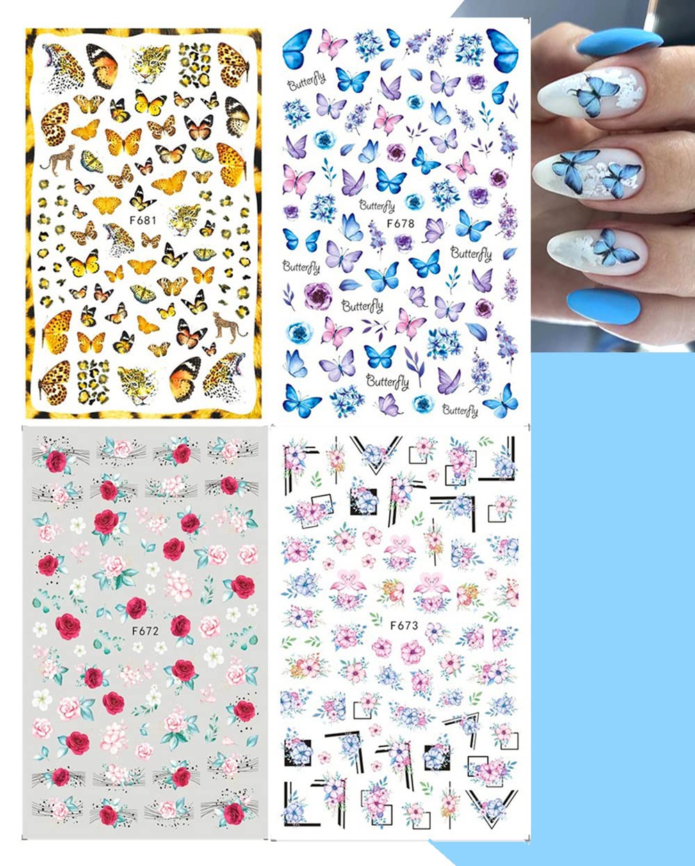 S.A.V.I 4 Sheets Nail Self-Adhesive, Butterflies, Flowers, Fashion Nail Sticker, Art Accessories DIY Manicure for Girls Women