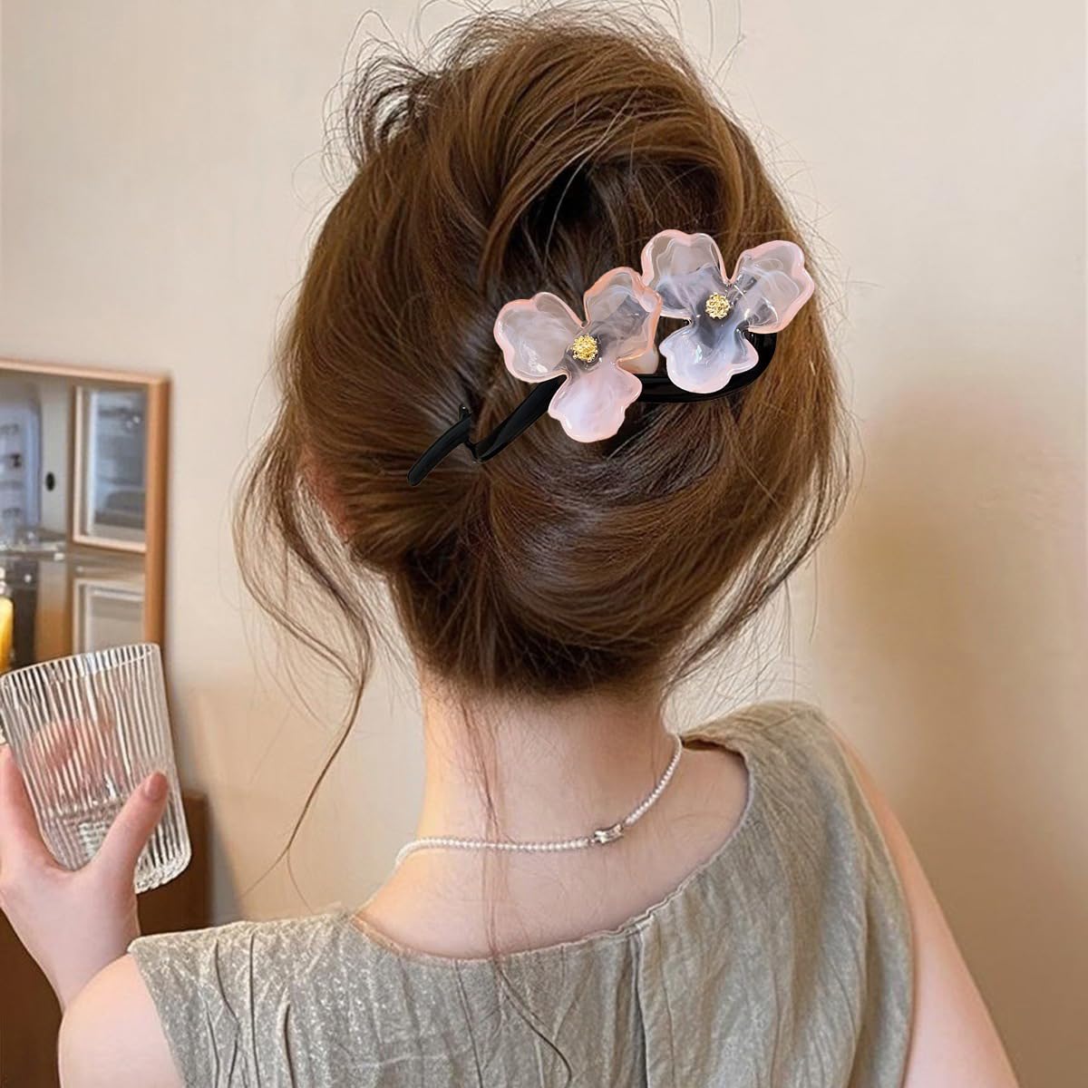 S.A.V.I Trending Pink Flower Hair Clip for Women & Girls | Elegant 12.7 cm Long Black Plastic Hairpin with Dual Resin Floral Design | Durable Grip Stylish Hair Accessory for Party, Wedding, Daily