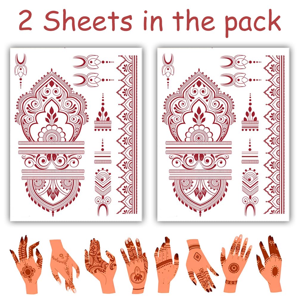 S.A.V.I 2 Sheets - Temporary Mehndi Tattoo Stickers for Hands (16x12 cm) | Red Henna Style | Waterproof, Non-Toxic | Mandala & Floral Design for Women & Girls | Festival & Bridal Use (#47)
