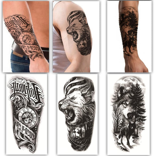 S.A.V.I 3 Pcs Large Temporary Tattoo Sheets for Men – Wolf, Lion & Clock Design – Realistic Black Waterproof Removable Arm Sleeve Tattoos – 21x10cm Safe Non-Toxic Body Art for Parties & Events (#01)
