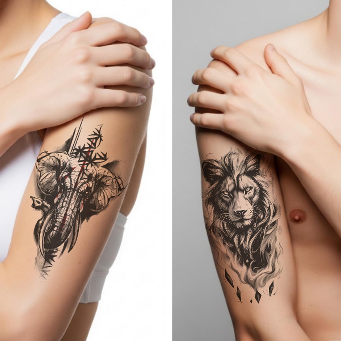 S.A.V.I 3 Large Wildlife Temporary Tattoos for Men & Women – Black Wolf, Lion & Elephant Designs (21x11 cm) – Safe Waterproof Non-Toxic Body Art Stickers for Arm, Shoulder & Back (Wild-2)