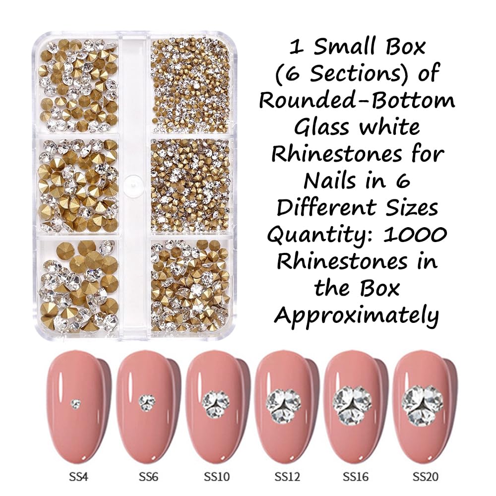 S.A.V.I 1000pcs White Crystal Nail Rhinestones | Pointed-Back Glass Stones in 6 Sizes | 3D Nail Art Decoration Gems for DIY Manicure, Acrylic Nails & Salon Use