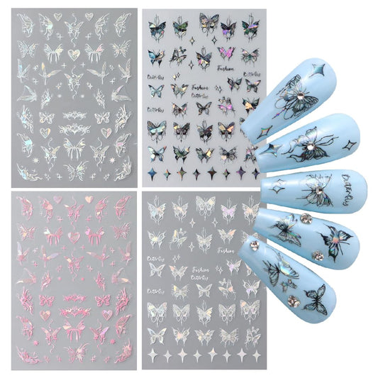 S.A.V.I 4 Pcs Holographic Butterfly Nail Art Stickers, Self-Adhesive Multicolor Butterfly Nail Decals for DIY Manicure, Easy Nail Decoration (Silver, Pink, Black) - Long-Lasting  Easy to Apply