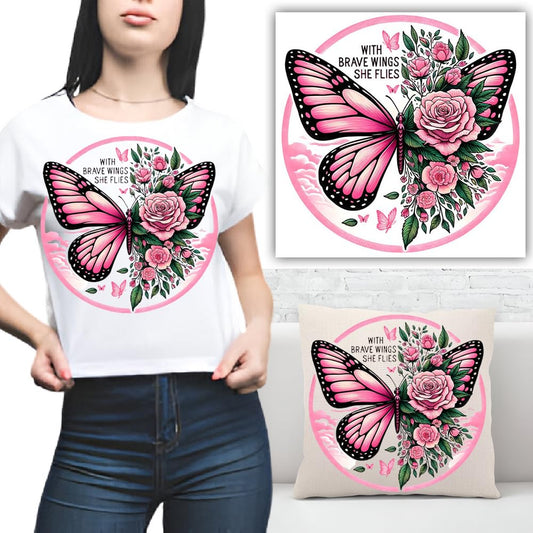 S.A.V.I 1PC Pink Butterfly  Rose Iron-On Patch, 8.5x8.5 Inch | Heat Transfer Applique for T-Shirts, Hoodies, Jeans, Bags, Pillows | Washable DIY Fabric Sticker for Home Craft Décor  Accessories