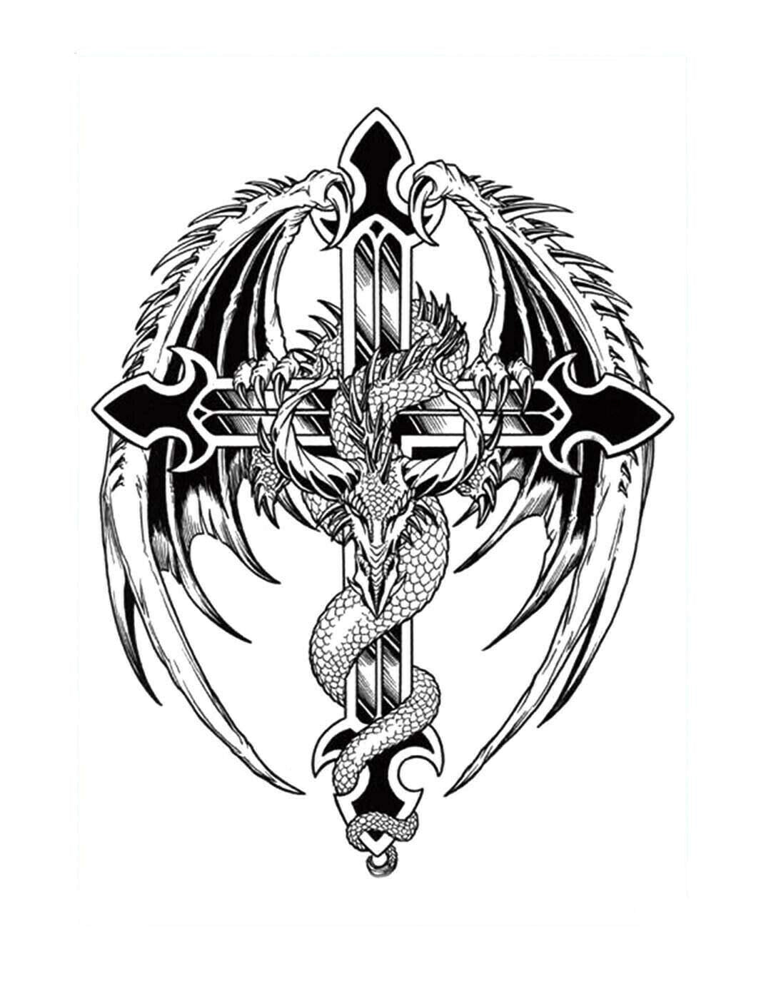 S.A.V.I 3D Temporary Tattoo Black Cross With Wings Dragons Design Size 21x15CM - 1PC