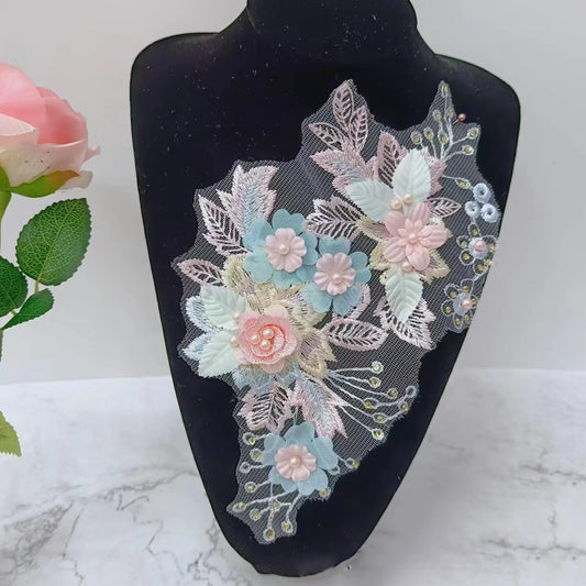S.A.V.I 3D Floral Applique Patch for Sewing | Pastel Embroidered Mesh Lace Fabric | DIY Dresses, Bridal Wear, Lehenga, Saree, Blouse, Gown  Craft | Handmade Lace Patch (10.2x6.5 in) Elegant Design