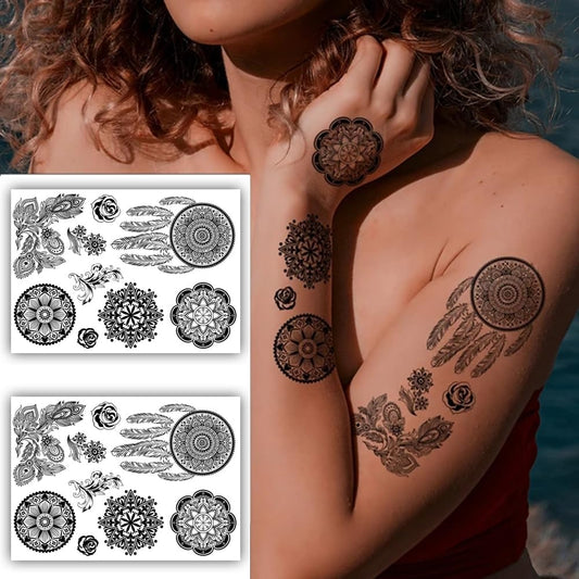 S.A.V.I 2 Sheets - Black Large Mandala Dreamcatcher Tattoo Sticker, Floral Design, 21x15 cm for Women  Girls