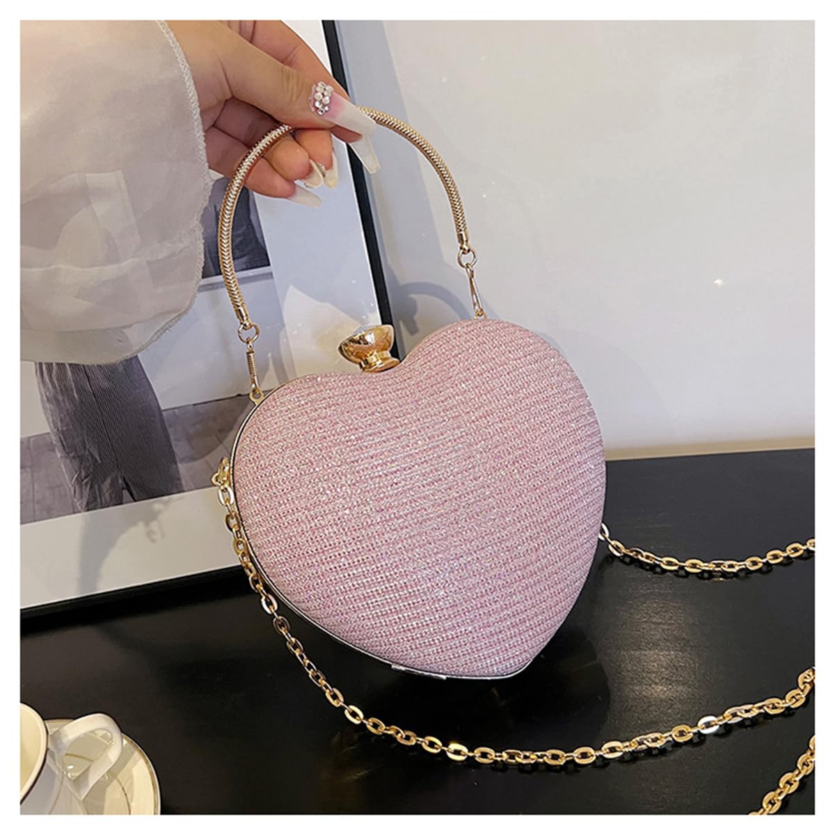 S.A.V.I Women’s Heart Shaped Pink Glitter Clutch Bag | Party & Wedding Evening Purse with Gold Handle, Chain Strap & Crystal Lock | Elegant Metallic Handbag for Brides & Events – 16x15 cm (Pink)
