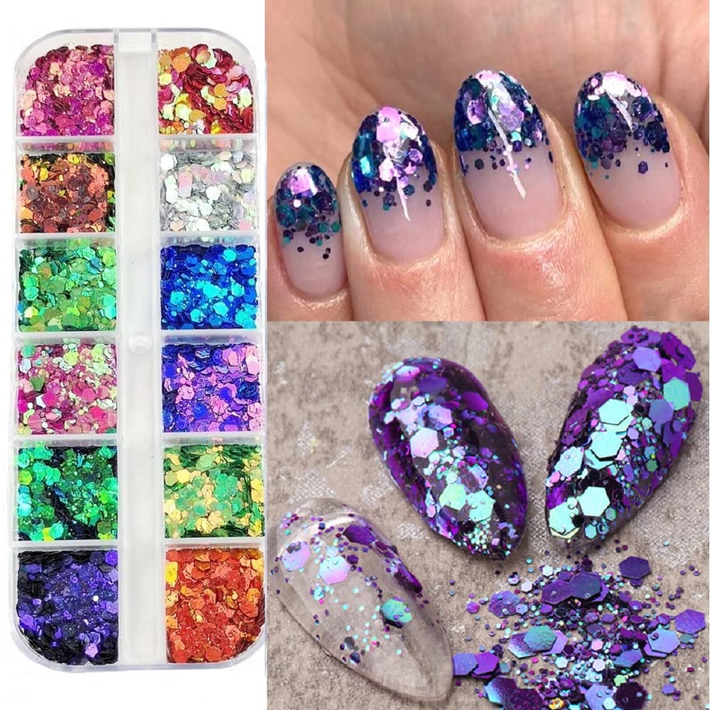 S.A.V.I 12 Grids Colors Chameleon Laser Hexagon Glitter Sequins Nail Art