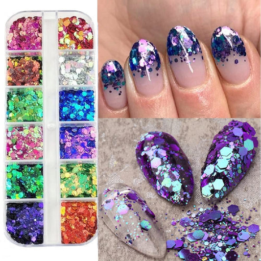 S.A.V.I 12 Grids Colors Chameleon Laser Hexagon Glitter Sequins Nail Art