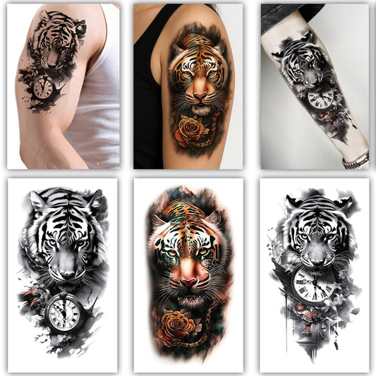 S.A.V.I 3Pcs Large Tiger Temporary Tattoos for Men Women (21x11cm) – Realistic Waterproof Arm Shoulder Chest Body Art with Clock & Rose – Safe Non-Toxic Long Lasting Tattoo Stickers (Tiger)