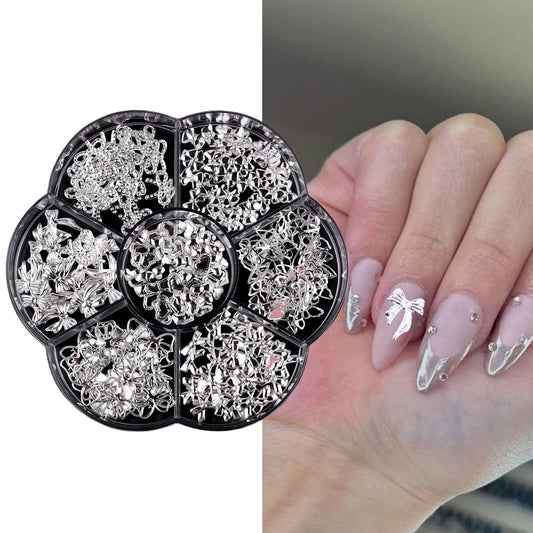 S.A.V.I Silver Alloy Nail Art Charms Set – 7 Designs Bow & Heart Shapes, 8x10mm | 3D Metal Nail Decorations for Women & Girls | Manicure Accessories in Round Storage Box