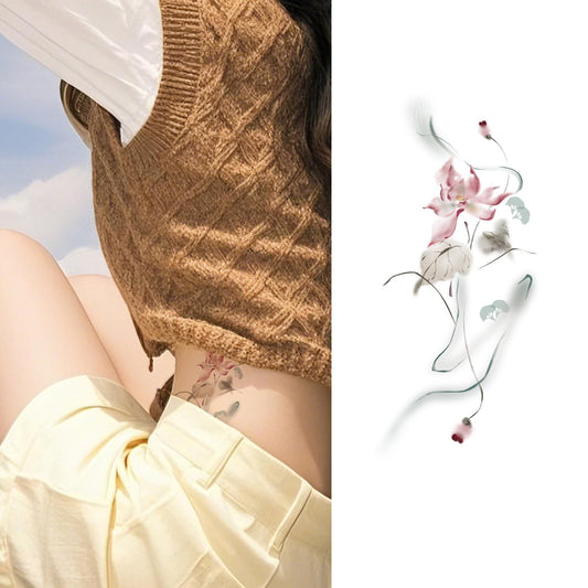 S.A.V.I Floral Watercolor Temporary Tattoo Sticker – Pink Lily & Lotus Vine 12 x 7.6 cm | Waterproof & Safe Non-Toxic Body Art for Women & Girls | Easy Apply & Remove | Arm • Waist • Leg • Back | 1 Pc (52)