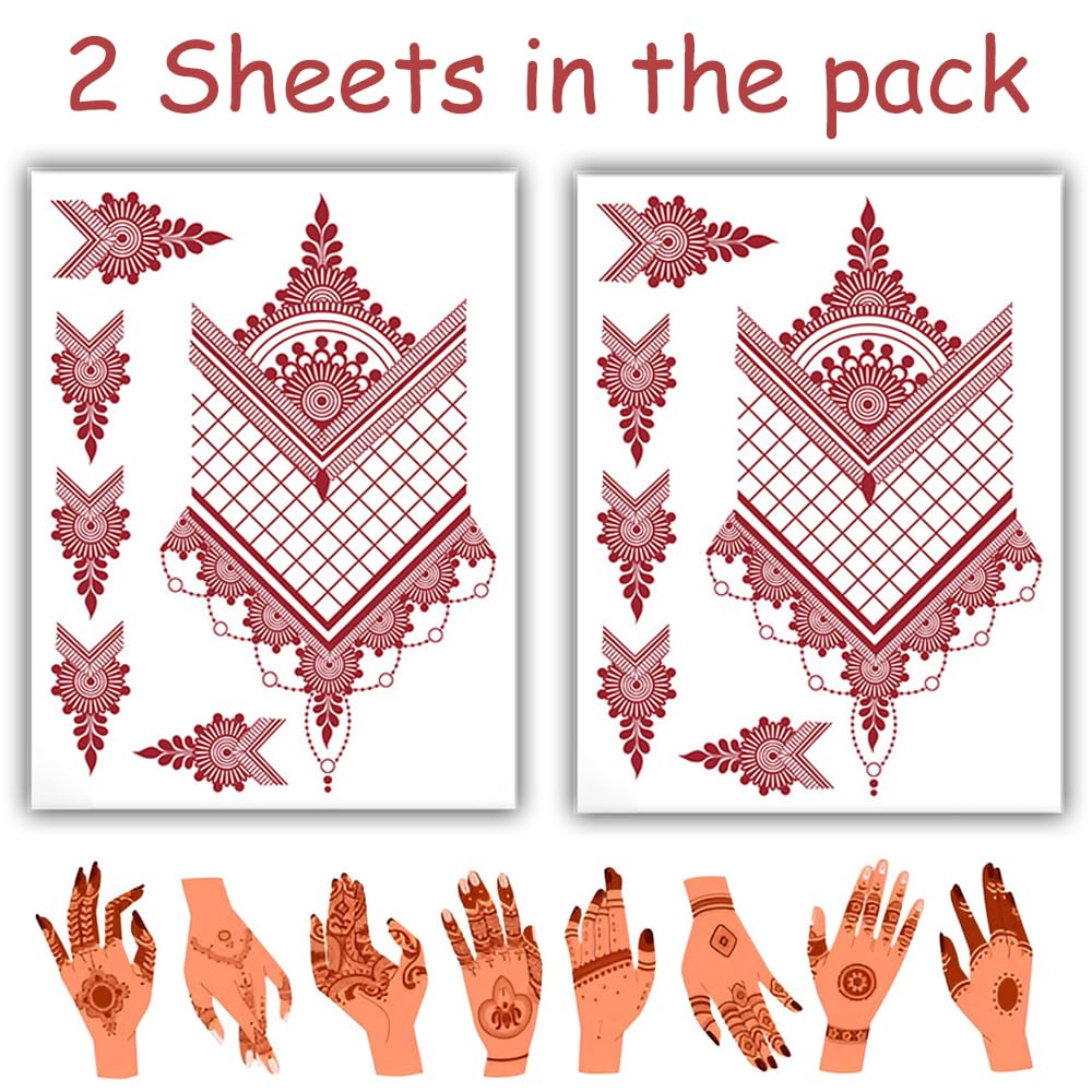 S.A.V.I 2 Sheets - Red Mehndi Style Temporary Tattoo Stickers for Women & Girls (16x12cm) | Floral Net Design | Waterproof, Safe, Non-Toxic Body Art for Hands – Easy to Apply & Remove (#60)
