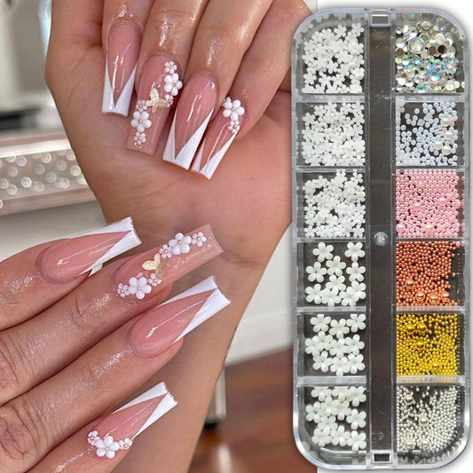 S.A.V.I 3D Five-Petal Flower Nail Art Kit - 12 Grids Box with Metal Beads, Rhinestones  Pearls