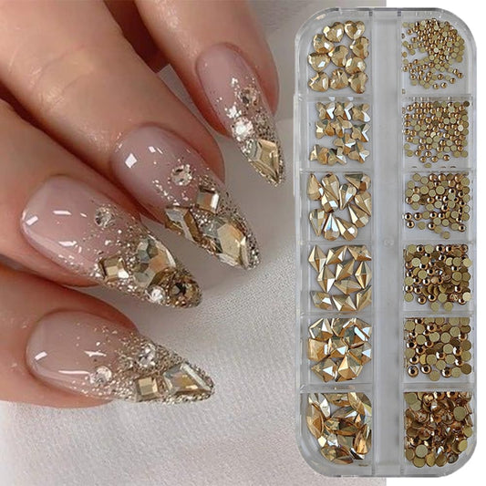 S.A.V.I Champagne Gold Nail Art Rhinestones Set – 12 Grid Flatback Glass Crystals for Nails | 3D Nail Gems | 6 Shapes & Sizes for DIY Nail Art, Manicure & Decoration