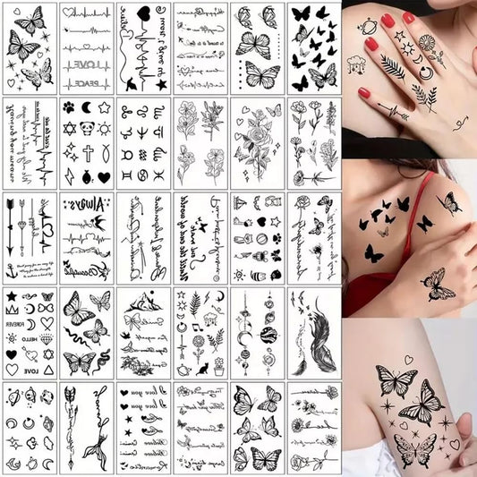 S.A.V.I 30 Pcs Black Temporary Tattoo Stickers for Girls & Women (9.7x5.7 cm) | Waterproof, Non-Toxic Body Art | Butterfly, Floral, Script Designs | Easy to Apply & Remove | Arm, Wrist, Back Use (01)