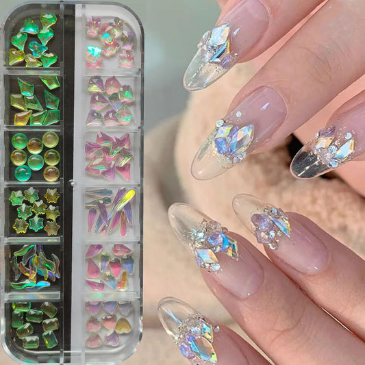 S.A.V.I 3D Aurora Nail Art Rhinestones - 12 Grids, DIY Manicure Shapes  Gems