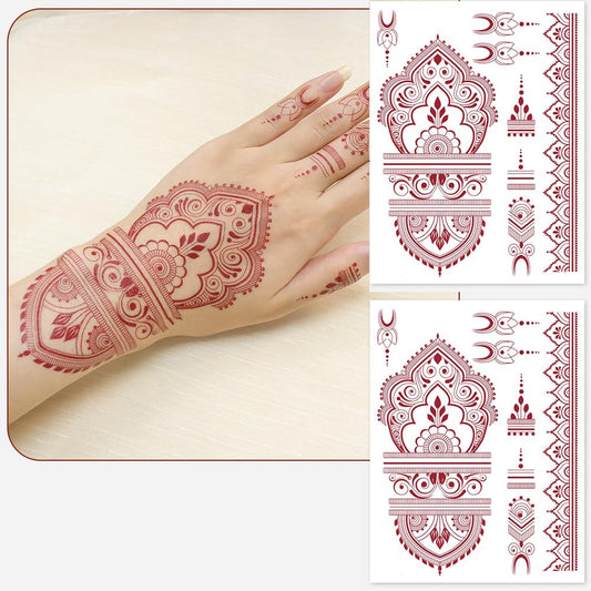 S.A.V.I 2 Sheets - Temporary Mehndi Tattoo Stickers for Hands (16x12 cm) | Red Henna Style | Waterproof, Non-Toxic | Mandala & Floral Design for Women & Girls | Festival & Bridal Use (#47)