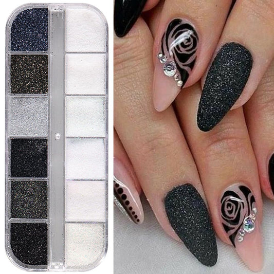 S.A.V.I 12 Grid White  Black Sugar Powder Glitter Nail Art Kit | Sparkle Powder for Winter Nails | Shimmer Nail Accessories | DIY Nail Design | Long-Lasting Shine | Easy Application | 1 Box