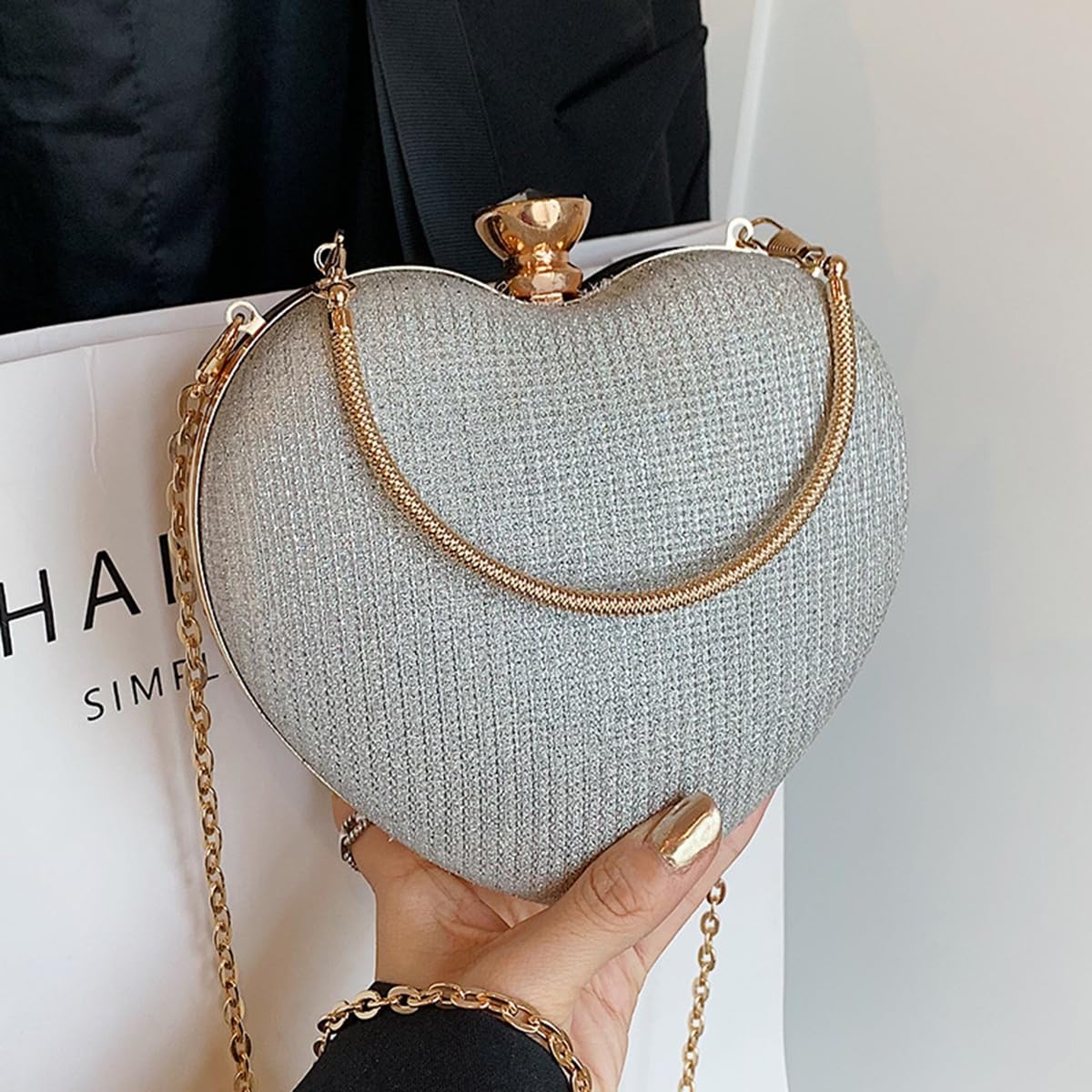 S.A.V.I Women’s Heart Shaped Silver Glitter Clutch Bag | Party & Wedding Evening Purse with Gold Handle, Chain Strap & Crystal Top Lock | Stylish Metallic Handbag for Brides & Special Events (Silver)