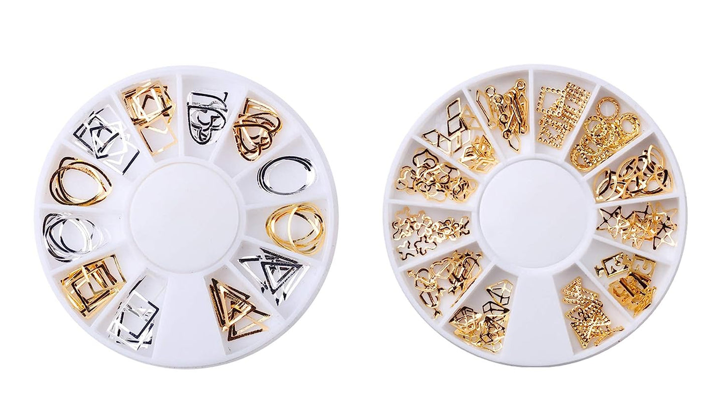 S.A.V.I (2 PCS.) 3D Nail Art DIY Manicure Decoration Disc Wheel Alloy Golden Silver Color Hollow Geometric Shapes