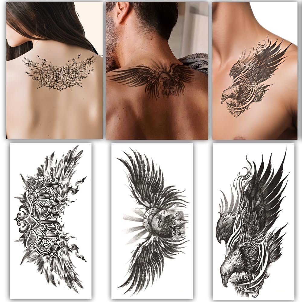 S.A.V.I 3 Pcs Large Eagle Design Temporary Tattoo Sheets for Men & Women – 21x10 cm Black Waterproof Body Art Stickers – Safe, Non-Toxic, Easy to Apply & Remove, Long-Lasting Skin Tattoos