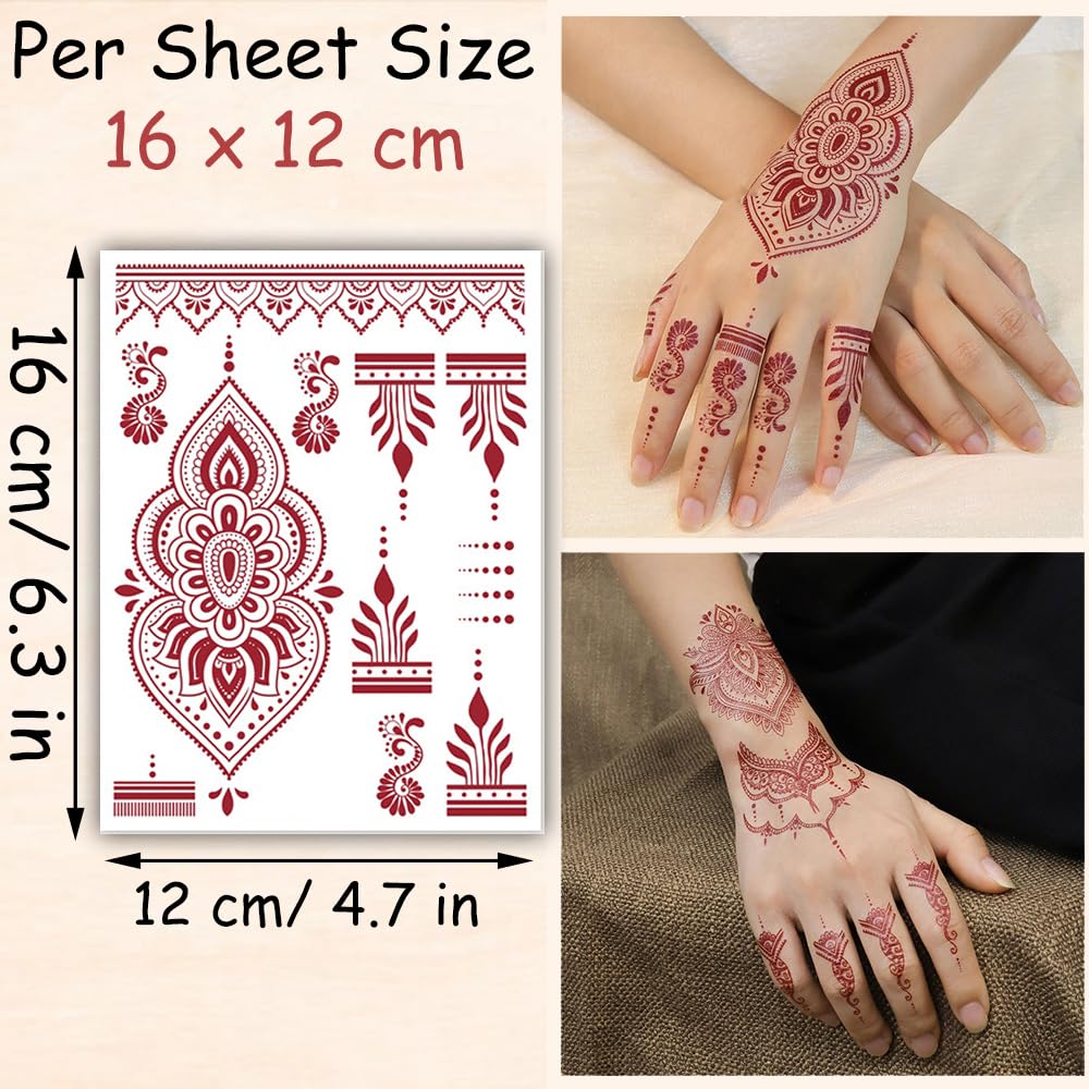 S.A.V.I 2 Sheets - Temporary Mehndi Tattoo Stickers for Hands (16x12 cm) | Red Henna Style | Waterproof, Non-Toxic | Mandala & Floral Design for Women & Girls | Festival & Bridal Use (#48)