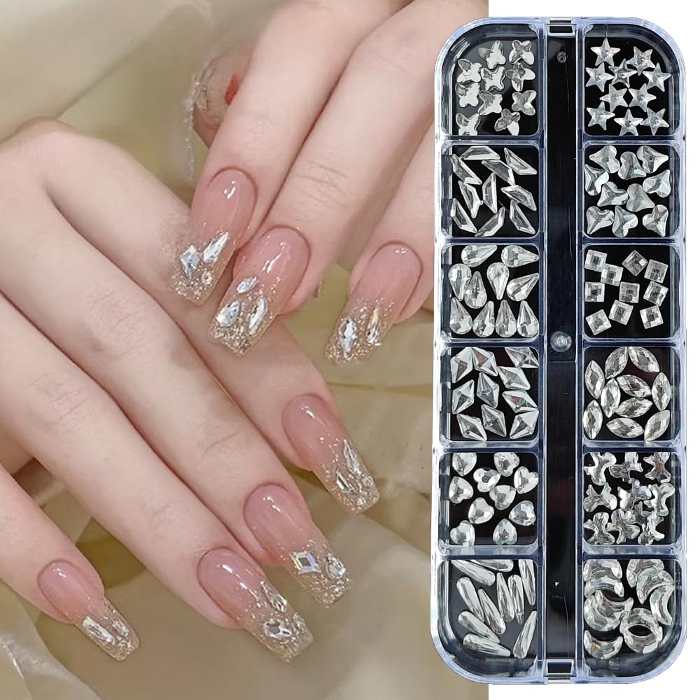 S.A.V.I White 3D Resin Rhinestones for Nail Art – 12 Shapes Box | Mixed Sizes 3mm-10mm | Nail Decoration Gems for DIY Manicure & Pedicure Design, Crafts, Jewelry Making (12 Sections)
