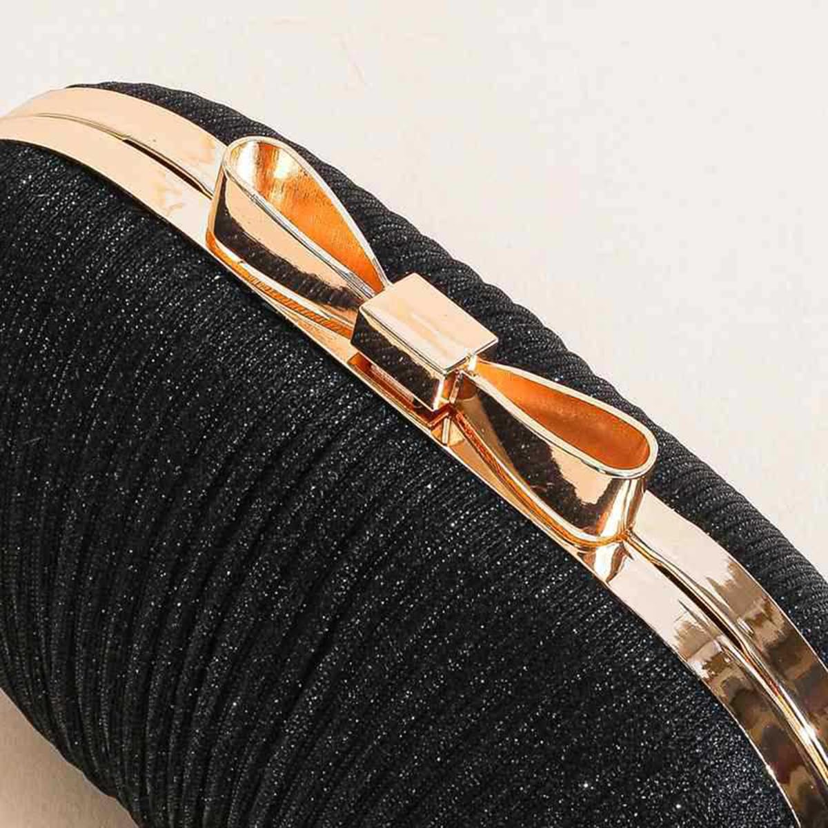 S.A.V.I Women’s Black Glitter Clutch Bag | Oval Hard Case Evening Purse with Gold Chain & Bow | Stylish Party & Wedding Handbag for Girls & Women (Black)