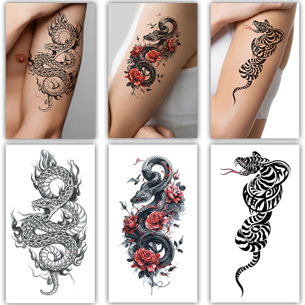 S.A.V.I 3Pcs Large Dragon Serpent Temporary Tattoo Sheets for Men & Women | 21x11cm Waterproof Snake Tribal Design Body Art Stickers | Safe, Non-Toxic & Long Lasting Black & Red Ink (Snake-2)