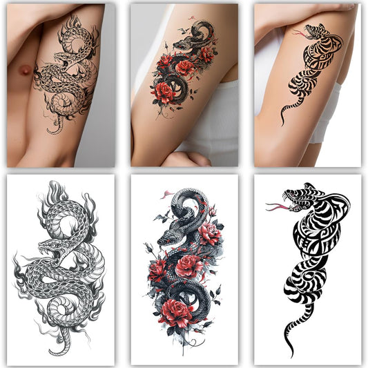 S.A.V.I 3Pcs Large Dragon Serpent Temporary Tattoo Sheets for Men & Women | 21x11cm Waterproof Snake Tribal Design Body Art Stickers | Safe, Non-Toxic & Long Lasting Black & Red Ink (Snake-2)