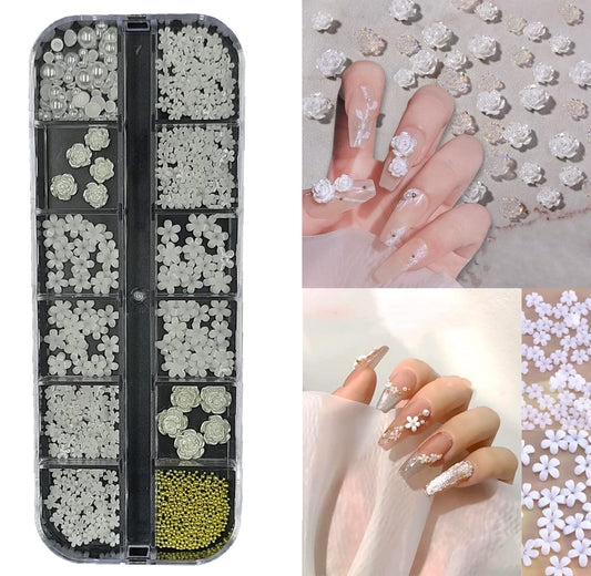 S.A.V.I 3D White Five Petal Flower Nail Art Palette Decorations, 12 Grids