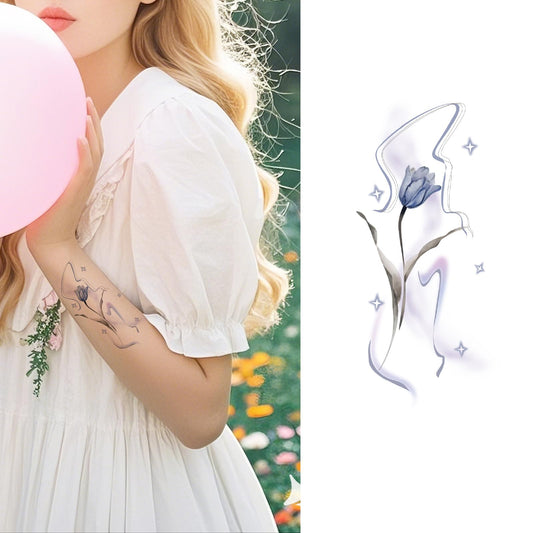 S.A.V.I Blue Tulip Floral & Female Silhouette Minimalist Line Art Waterproof Non-Toxic Temporary Tattoo Sticker Sheet 12 x 7.6 cm, Long-Lasting Removable Body Art Decal for Women & Girls, 1 Pc (45)