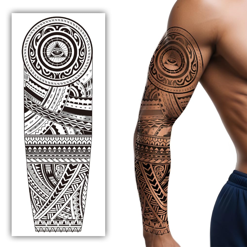 S.A.V.I Full Arm Temporary Tattoo Sleeve for Men – 48x17 cm Black Tribal Design with All-Seeing Eye – Waterproof, Non-Toxic, Easy to Apply & Remove – Long Lasting Body Art Sticker