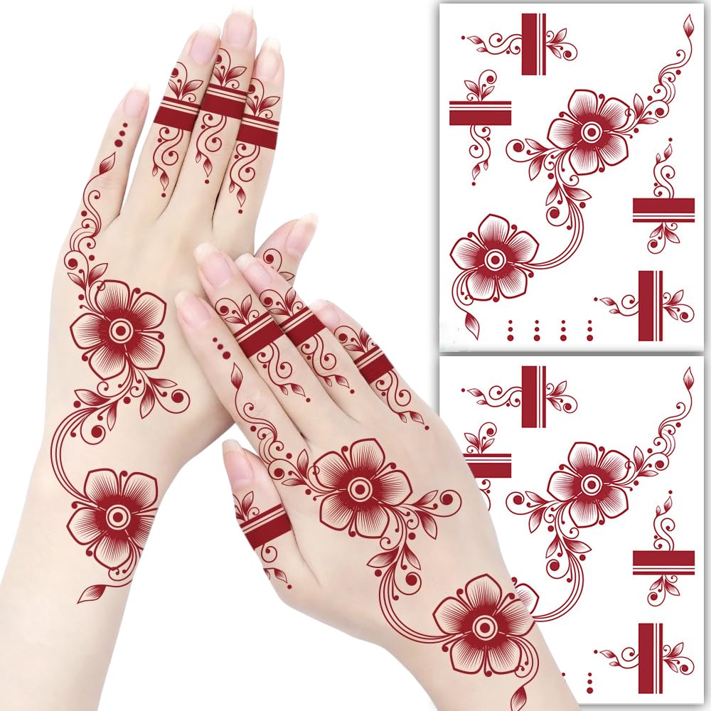 S.A.V.I 2 Sheets - Red Mehndi Style Temporary Tattoo Stickers for Women & Girls (16x12cm) | Floral Net Design | Waterproof, Safe, Non-Toxic Body Art for Hands – Easy to Apply & Remove (#65)