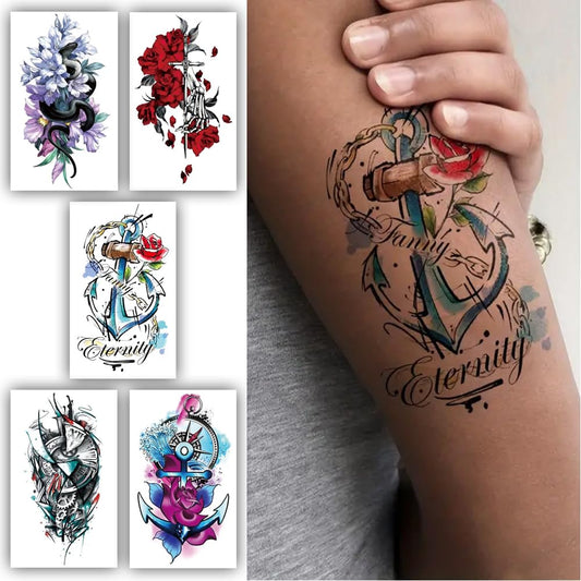 S.A.V.I Temporary Tattoos for Adults - 5 Waterproof  Long-Lasting Sheets (10.5x6cm) - Floral, Anchor,  Artistic Designs - Easy to Apply, Skin Safe, Perfect for Parties  Events