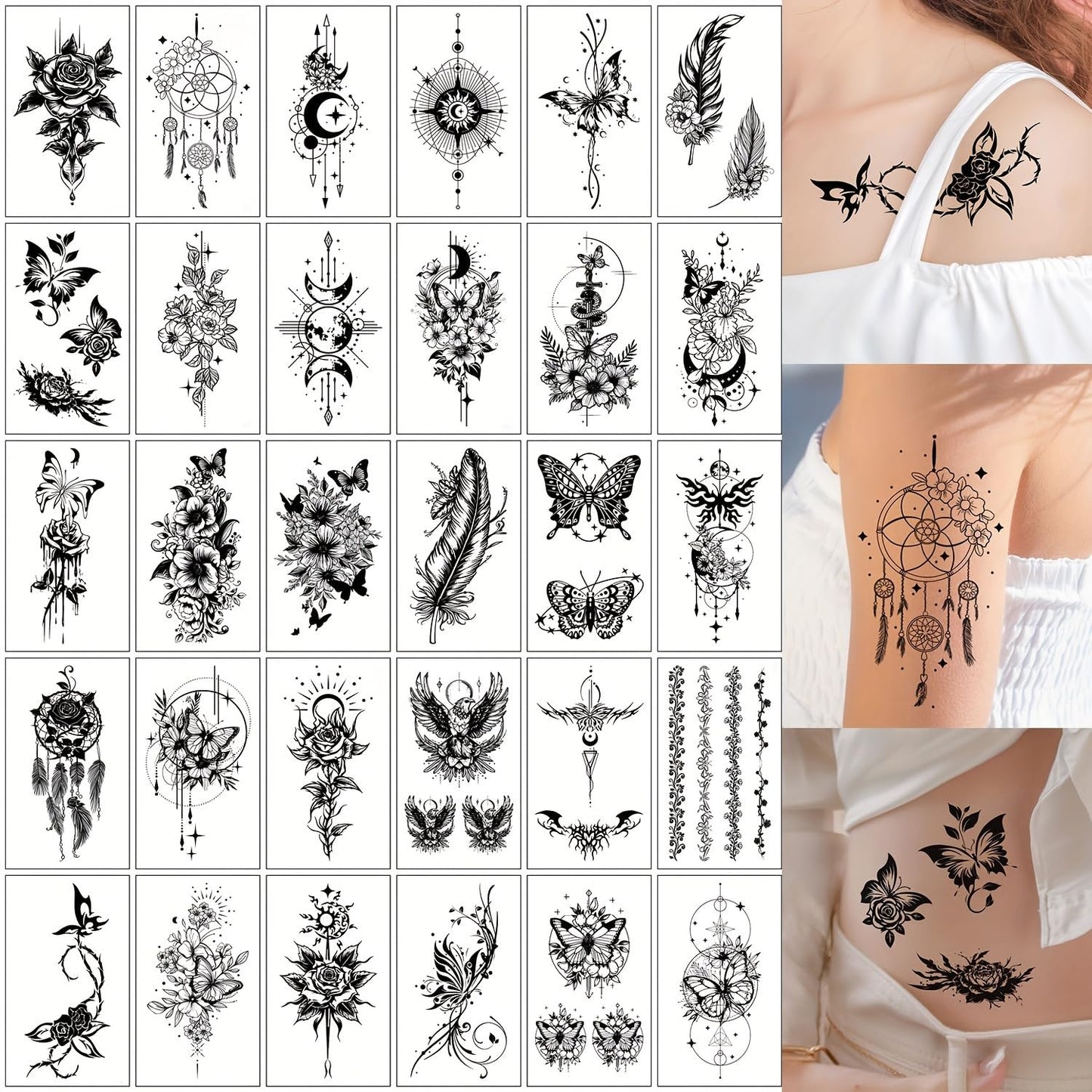 S.A.V.I 30 Pcs Black Temporary Tattoos for Women & Girls – Floral, Feather, Butterfly Designs – Waterproof, Safe & Non-Toxic Body Art Stickers for Hand, Arm, Neck, Back – Easy to Apply & Remove - 9.7x5.7 cm (08)