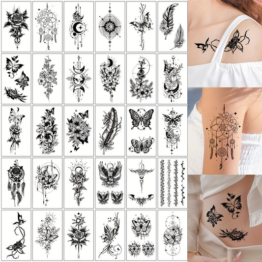 S.A.V.I 30 Pcs Black Temporary Tattoos for Women & Girls – Floral, Feather, Butterfly Designs – Waterproof, Safe & Non-Toxic Body Art Stickers for Hand, Arm, Neck, Back – Easy to Apply & Remove - 9.7x5.7 cm (08)