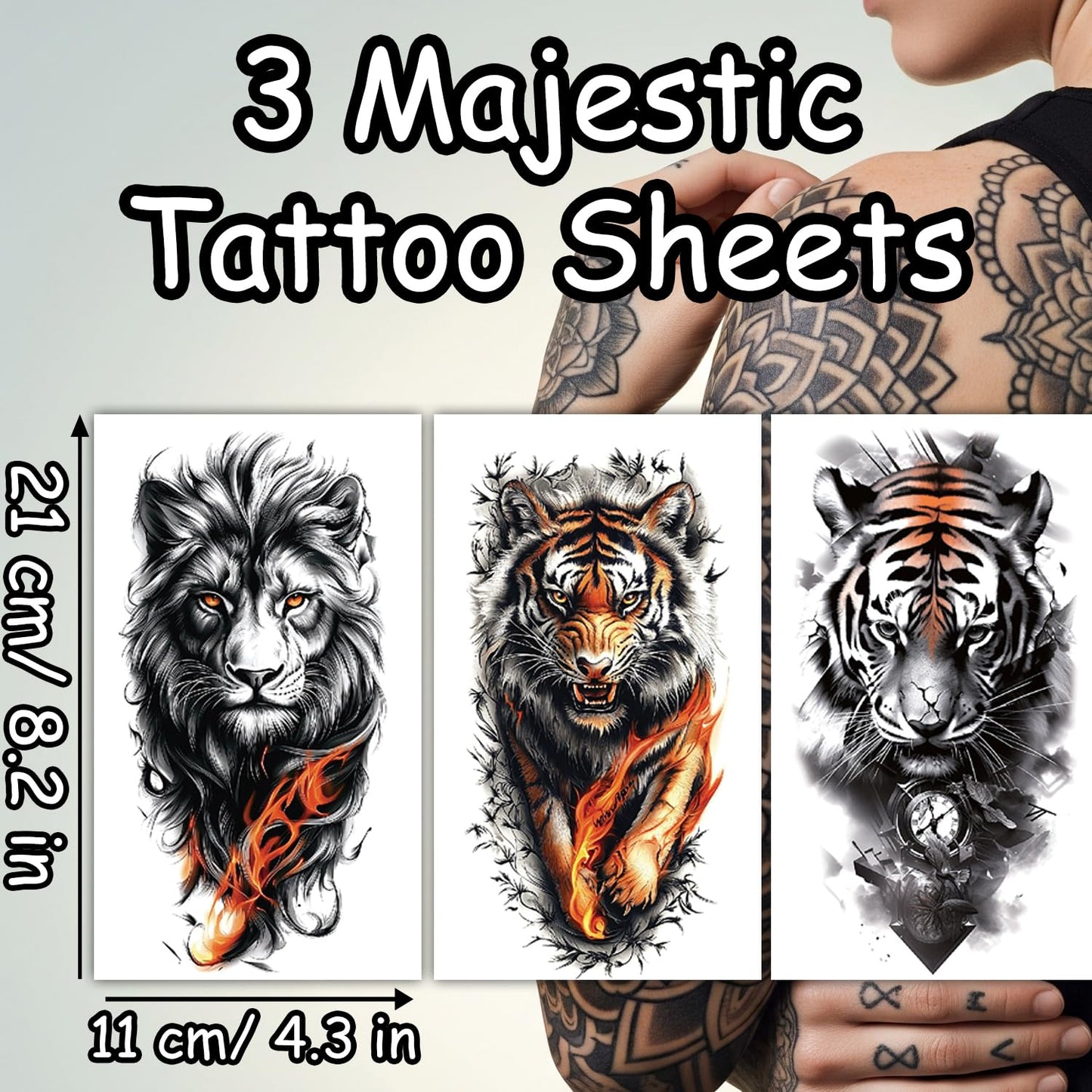 S.A.V.I 3 Majestic Lion & Tiger Temporary Tattoo Sheets for Men & Women | Large 21x11cm Arm Sleeve Stickers | Realistic Black & Orange Flame Body Art | Safe, Non-Toxic & Long Lasting (Wild-1)